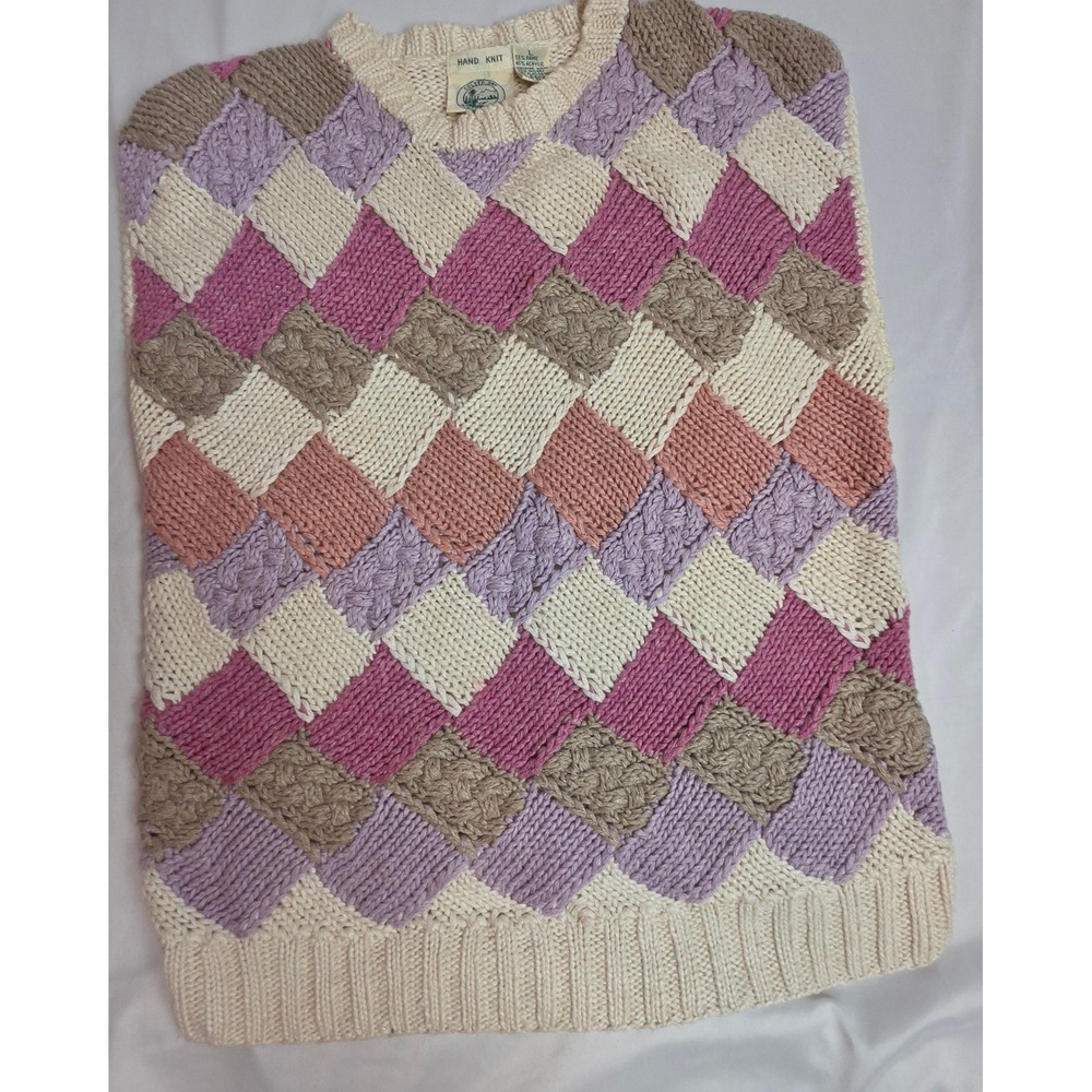 Colter Bay Vintage 90s Hand Knit Sweater Vest Lg Pink Purple Diamond Patchwork